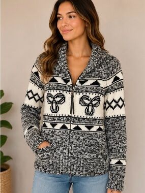 TNA 100% Lambswool Owl Sweater Cardigan Women’s Small Black White Full Zip
